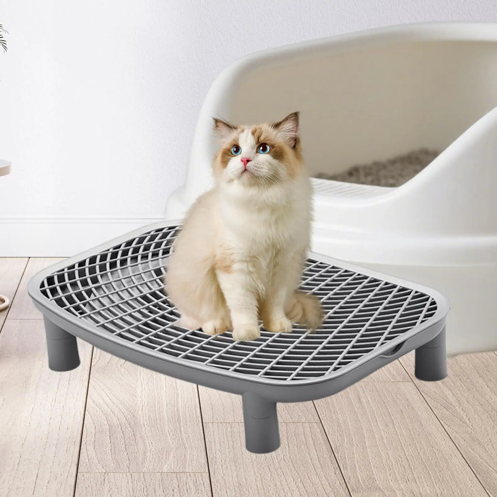 Gray cat litter box anti-tracking ramp with white wire-grid surface on four feet.