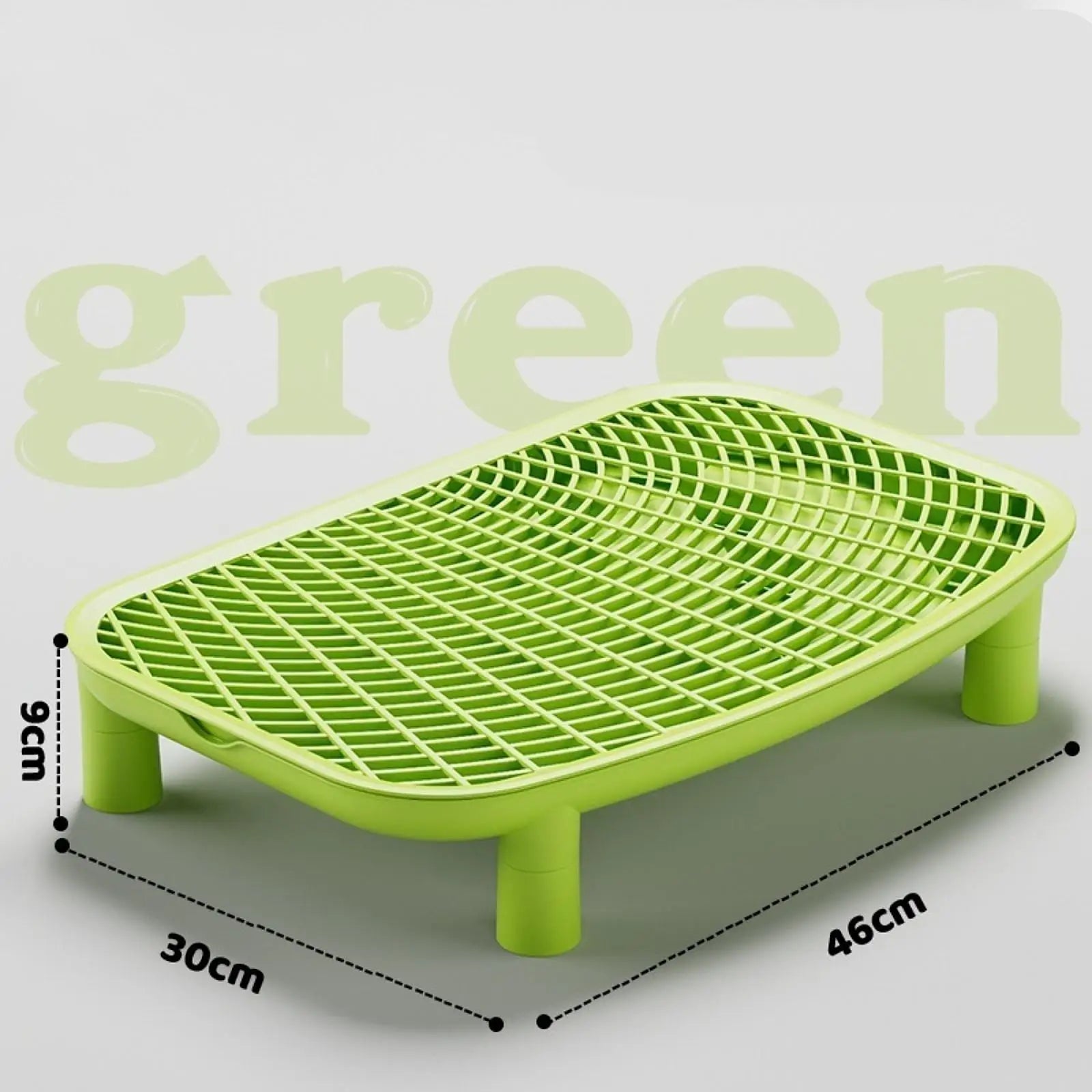 Bright green anti-tracking cat litter box ramp footboard with white grid top and four legs
