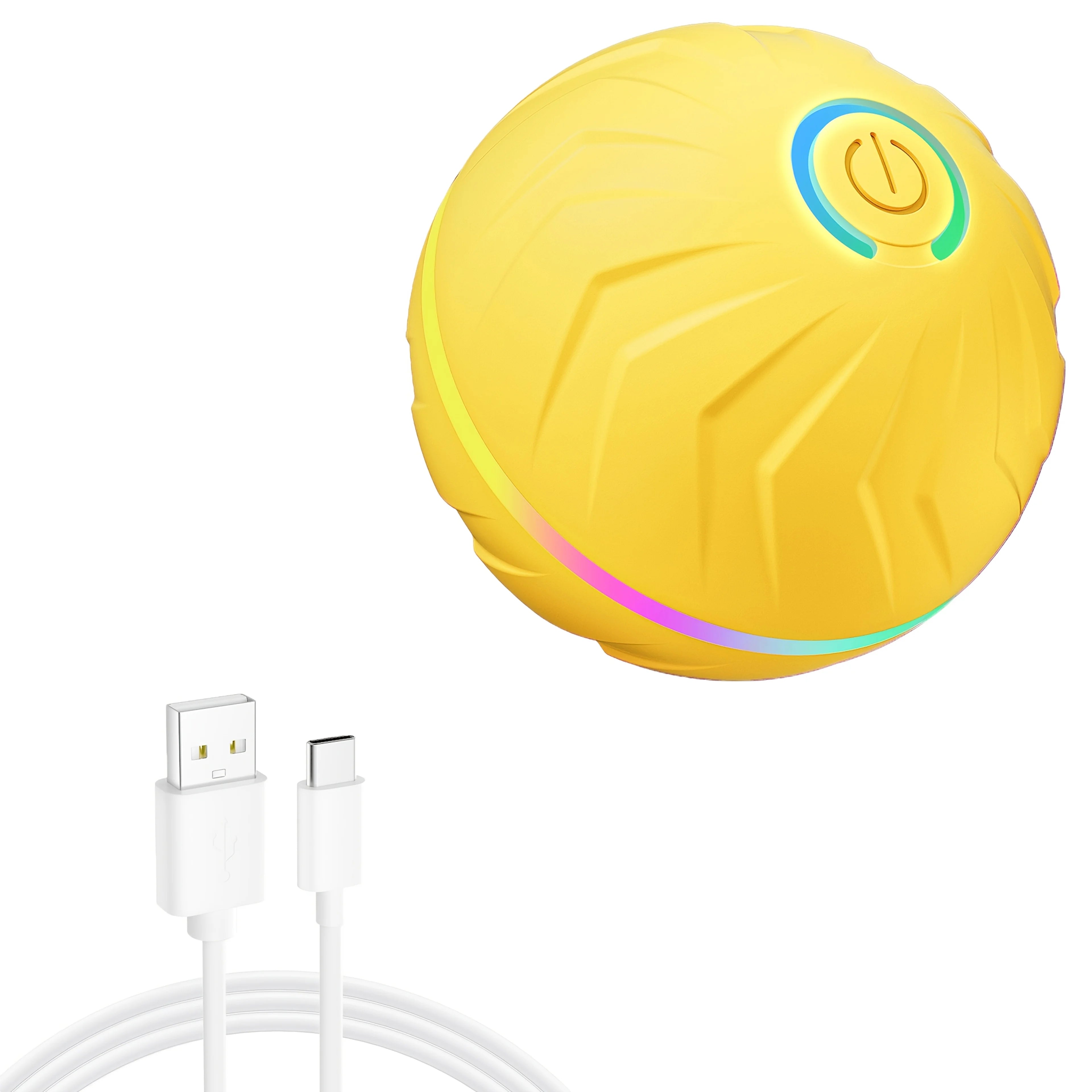 Yellow interactive smart pet ball with multicolor LED ring and power button, with charging cable