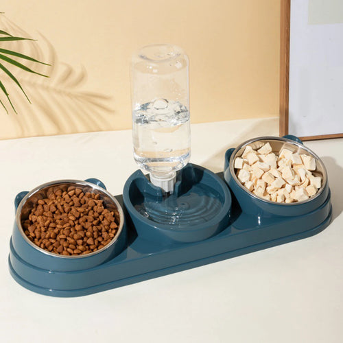 Raised 3-in-1 pet bowl set with blue base, two steel bowls, and clear water dispenser
