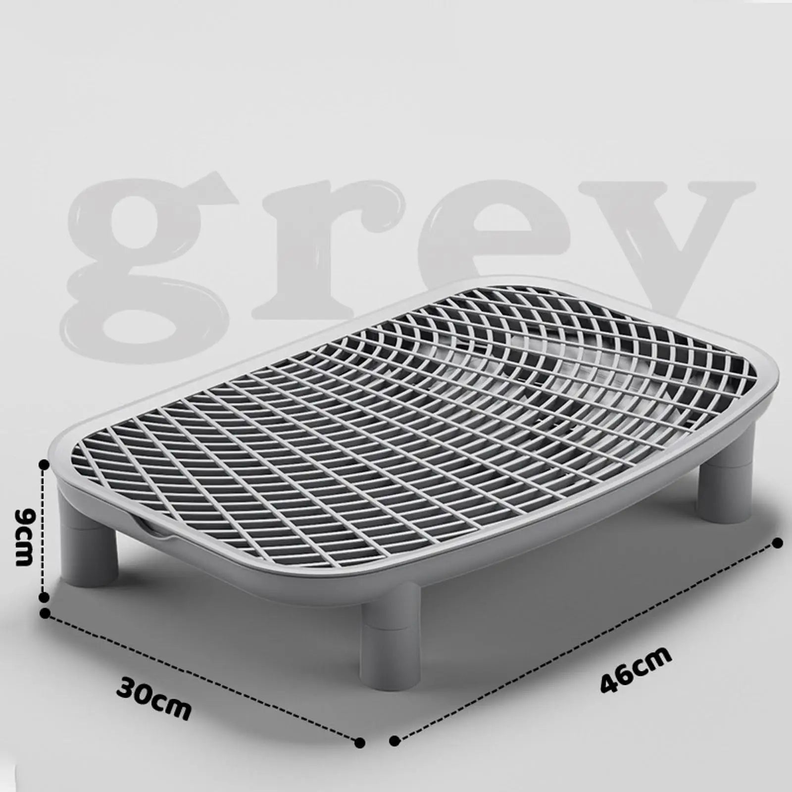 Dark gray cat litter box anti-tracking ramp with white wire-grid surface and four legs.