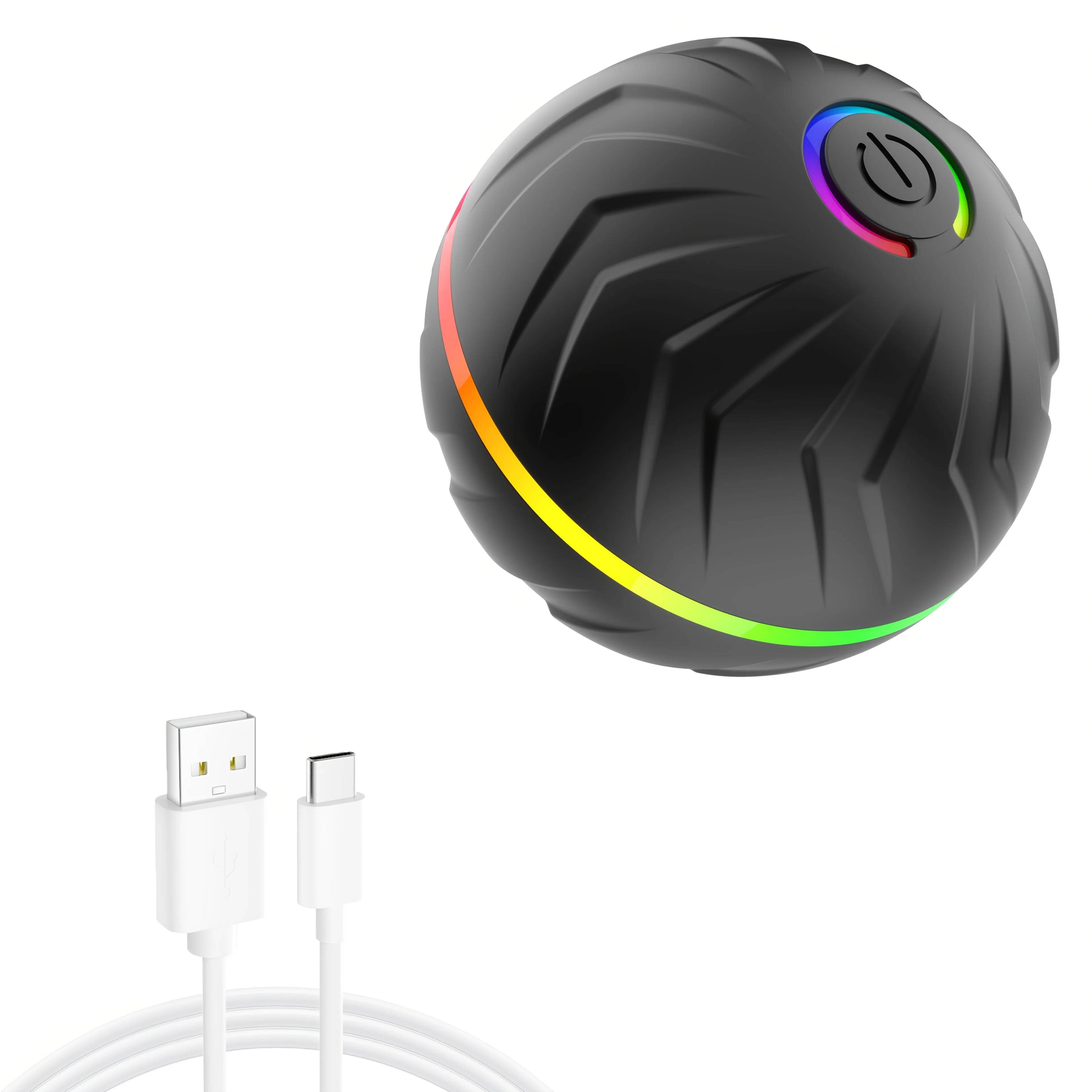 Dark gray interactive cat toy ball with multicolor LED ring and power button