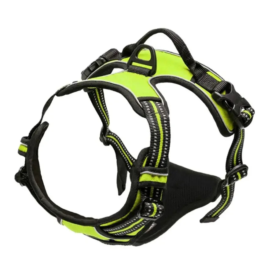 Adjustable dog harness vest, black with neon green trim and matching buckle panel
