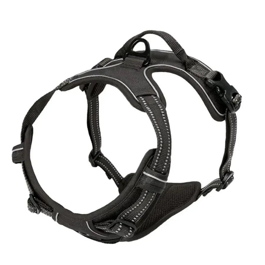 Adjustable dog harness vest, dark gray-black with textured straps and plastic buckles