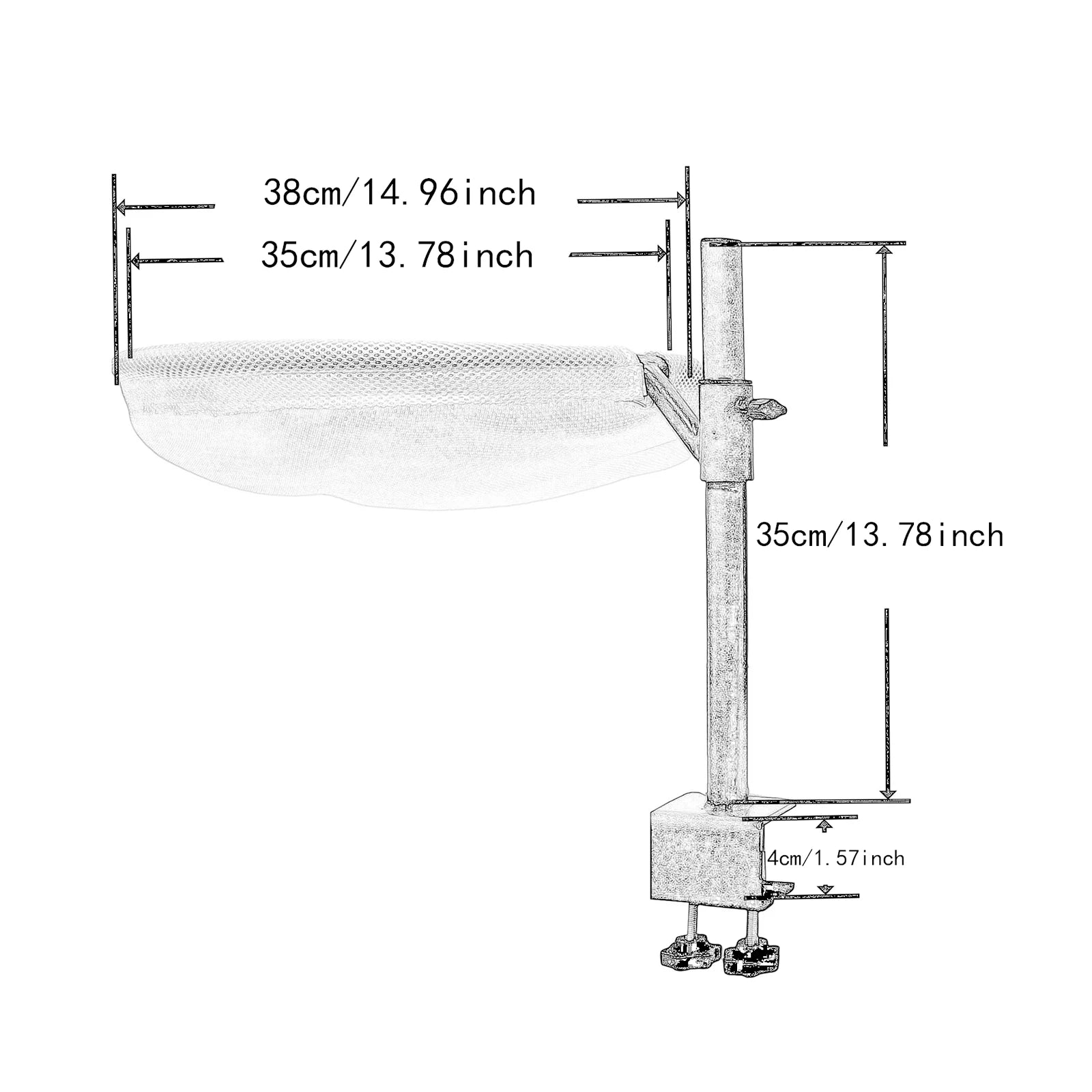Cat desk-mount perch dimensions diagram showing hammock and pole measurements
