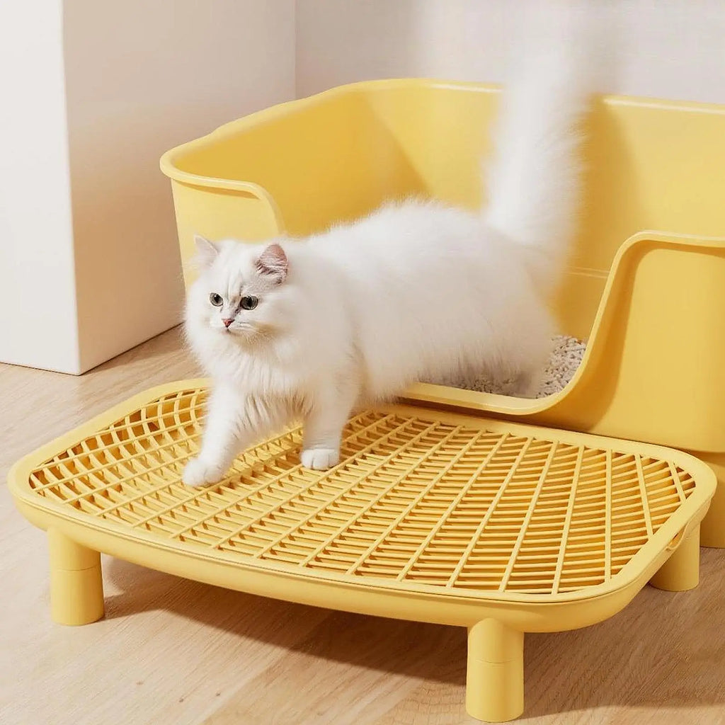 Yellow cat litter box anti-tracking ramp with white grid top and four supporting feet.