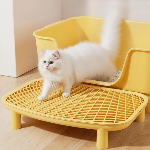 Yellow anti-tracking cat litter box ramp footboard with white grid top and four legs