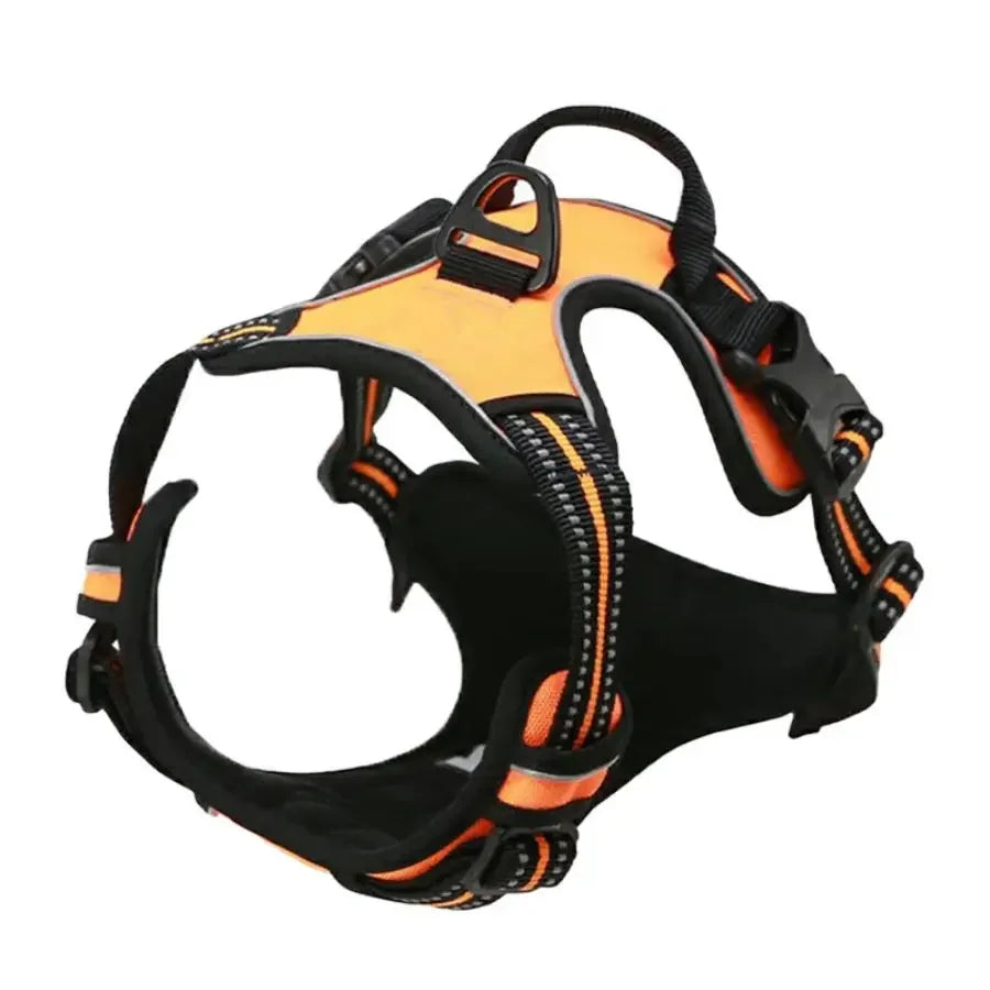 Adjustable dog harness vest, black with orange trim and orange/yellow panel accents