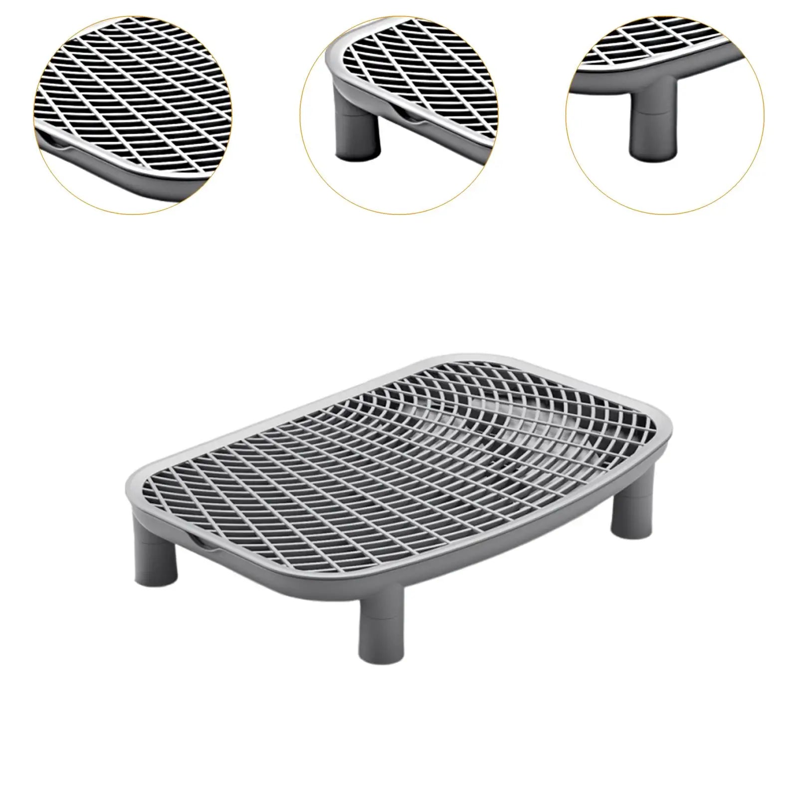 Gray cat litter box anti-tracking ramp with white grid top and short support feet.
