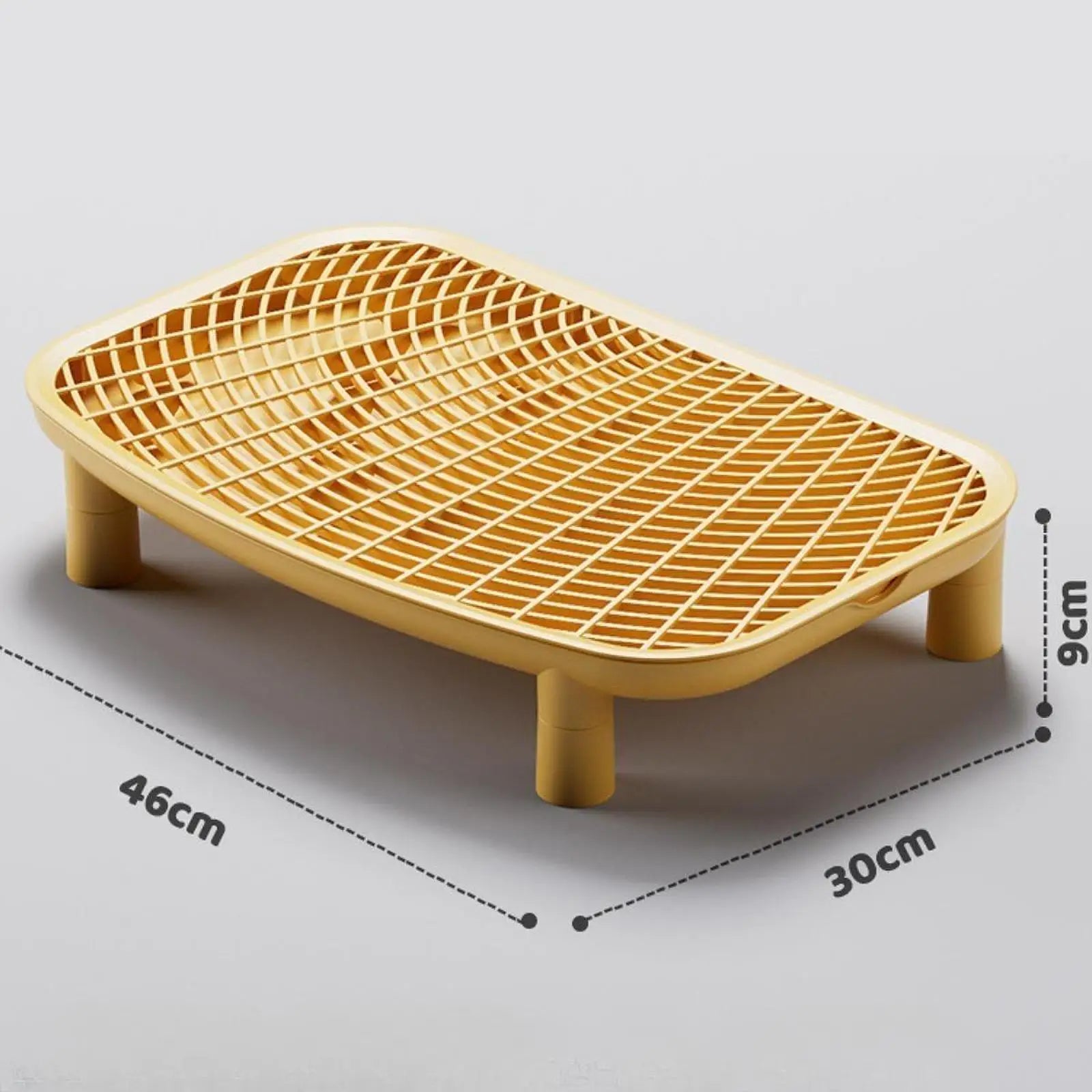 Yellow anti-tracking cat litter box ramp footboard with white grid top and four legs