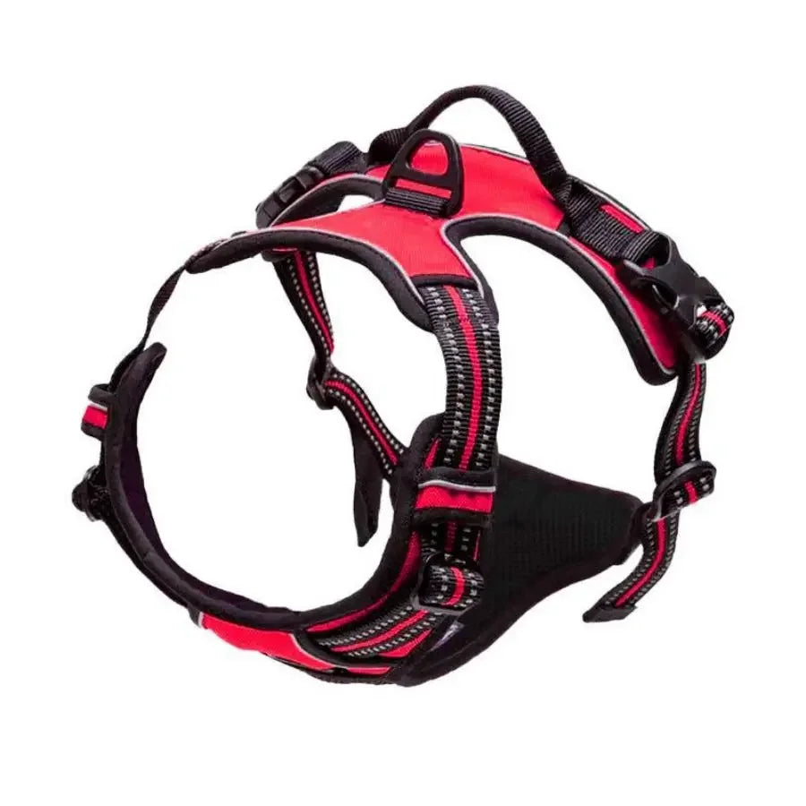 Adjustable dog harness vest, black with red panel and pink-striped edge stitching