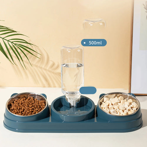 Raised 3-in-1 pet bowl set with blue base, two steel food bowls, and clear water dispenser