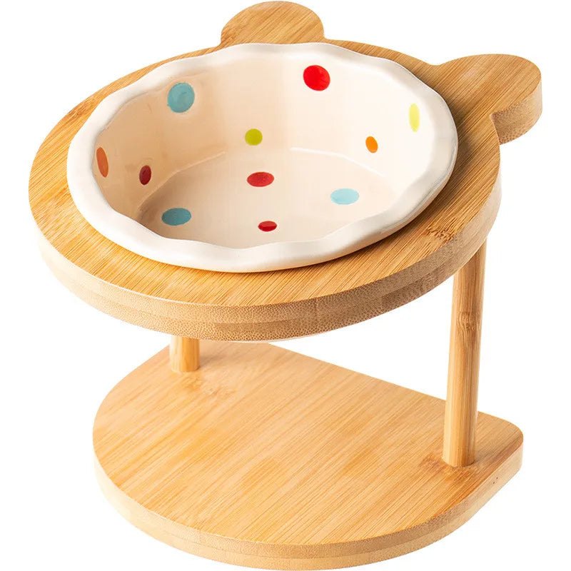 Raised Ceramic Double Bowl Wooden Stand for Cats and Dogs