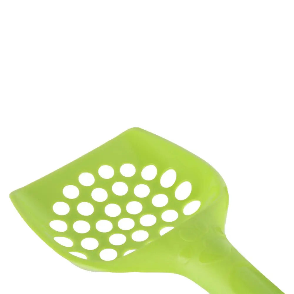 Lime green plastic cat litter shovel with perforated scoop and handle cutout