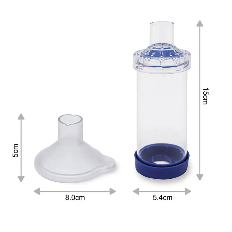 Clear pet aerosol chamber with blue base and connector, plus white funnel mask with size markings