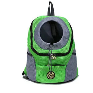 Green and gray mesh pet backpack carrier with front viewing tunnel and front zipper