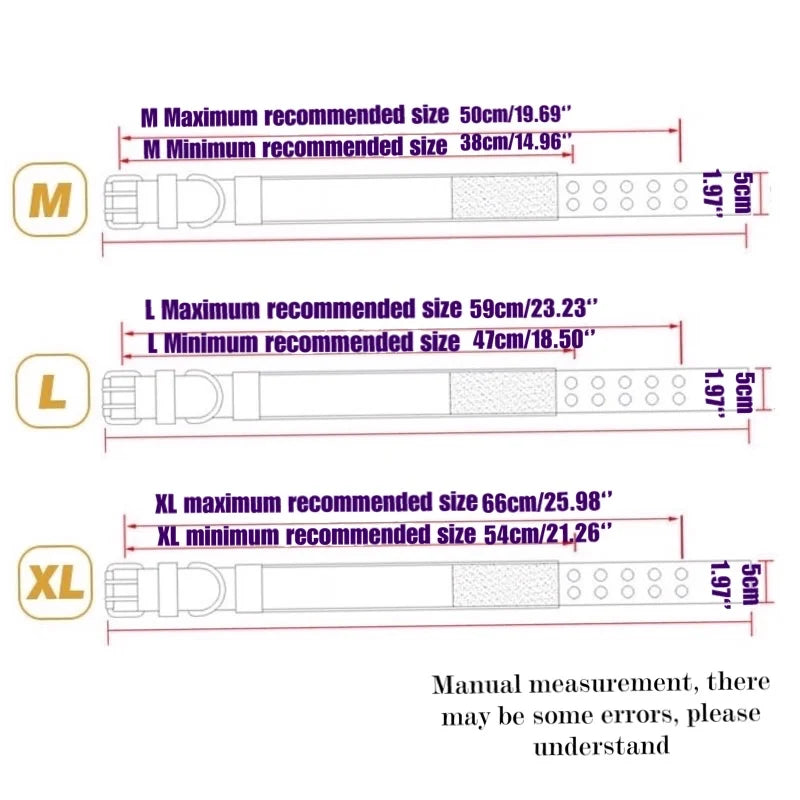 Dog harness size chart showing recommended sizes for M, L, and XL.
