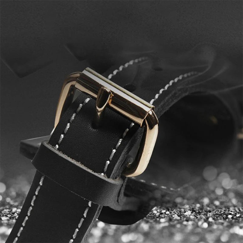 Black leather dog harness strap with gold-tone buckle and stitched edges