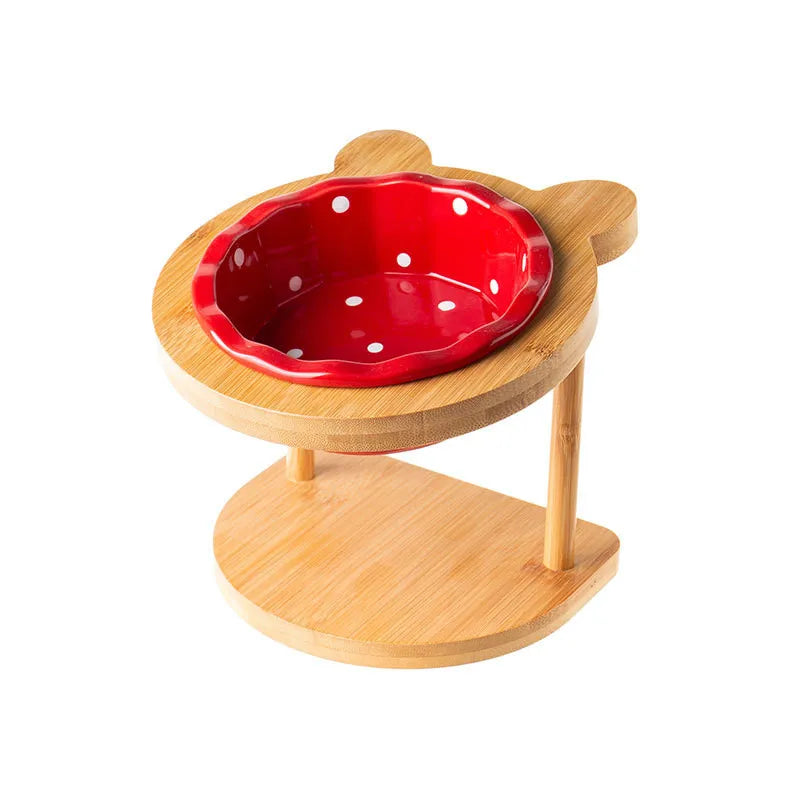 Raised Ceramic Double Bowl Wooden Stand for Cats and Dogs