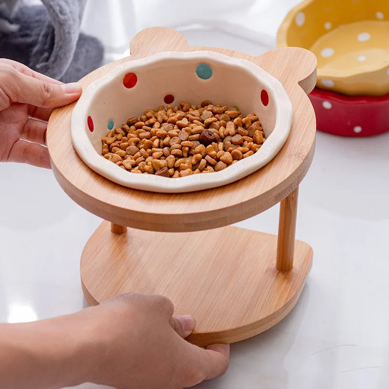 Raised Ceramic Double Bowl Wooden Stand for Cats and Dogs
