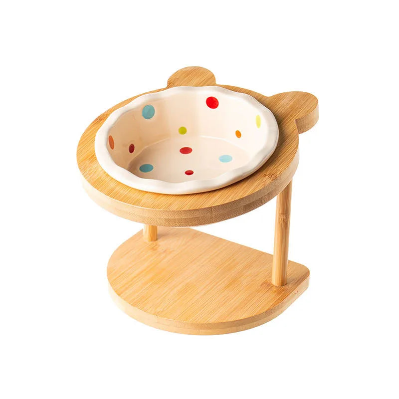 Raised Ceramic Double Bowl Wooden Stand for Cats and Dogs