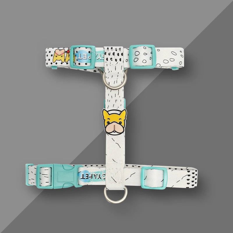 Adjustable dog harness and leash set with light blue and white patterning and buckles.
