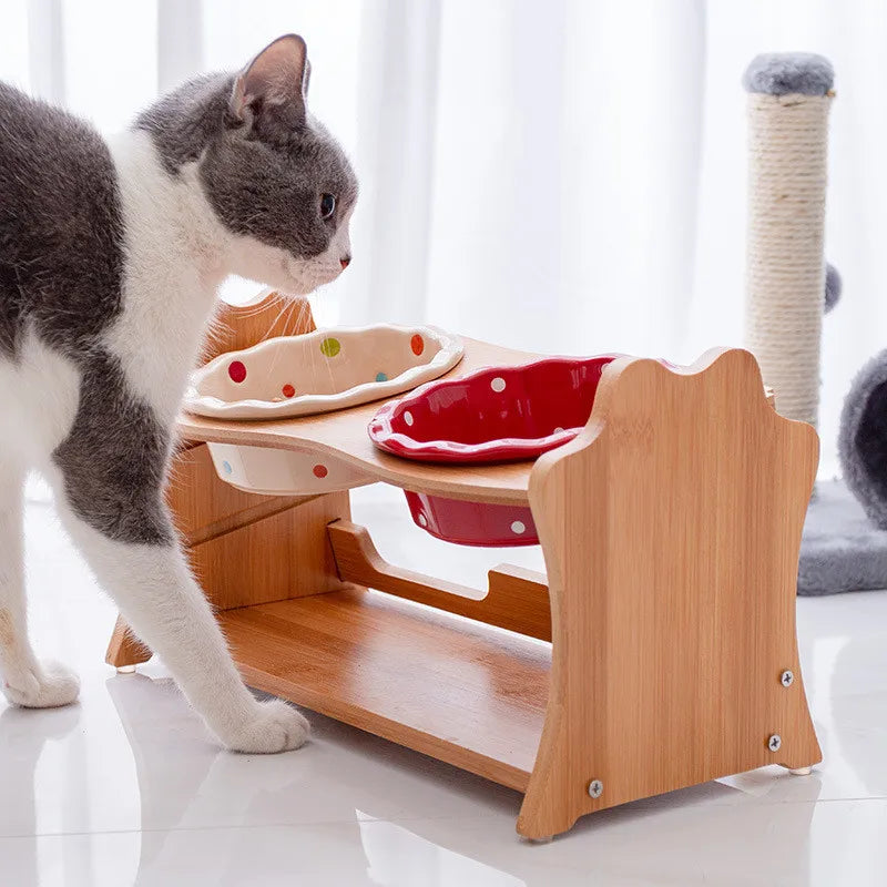 Raised Ceramic Double Bowl Wooden Stand for Cats and Dogs
