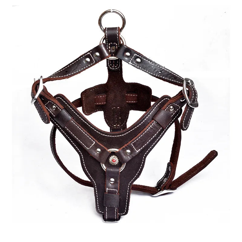 Brown leather service dog harness with front ring, chest straps, and buckles