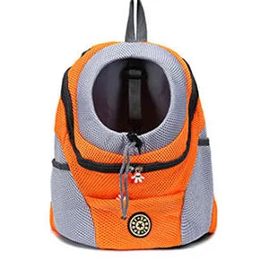 Orange and gray mesh pet backpack carrier with front viewing tunnel and front zipper