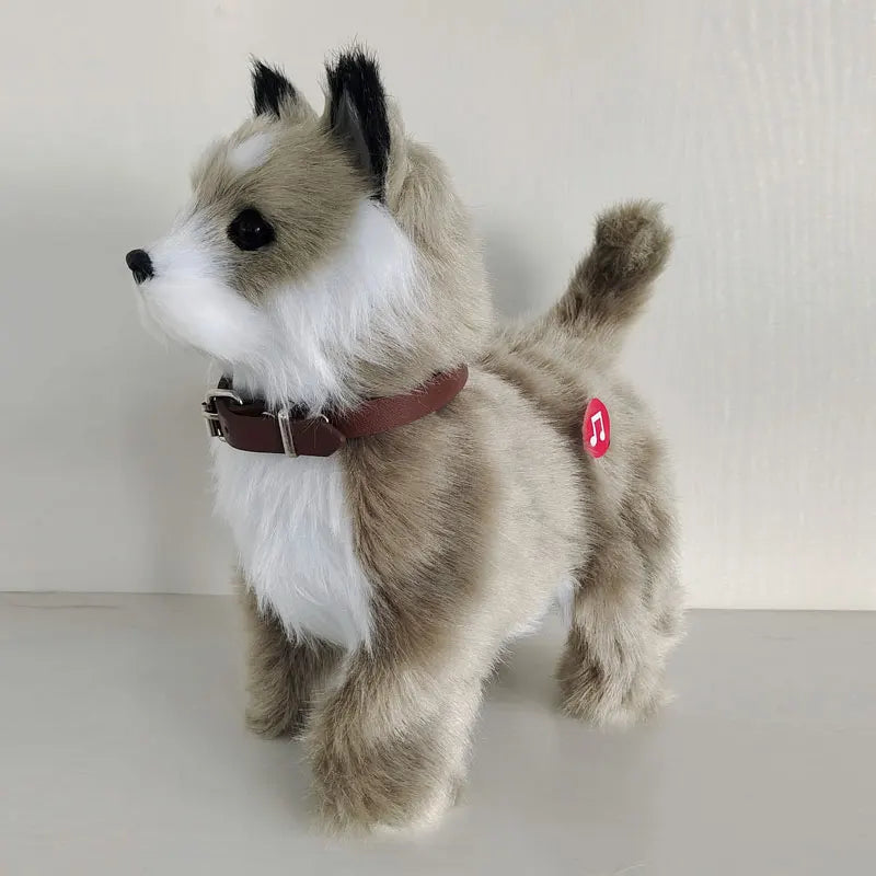 Gray-and-white plush dog toy with brown collar, standing pose