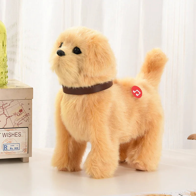 Interactive plush dog toy, light tan fur, black eyes and nose, dark collar, standing