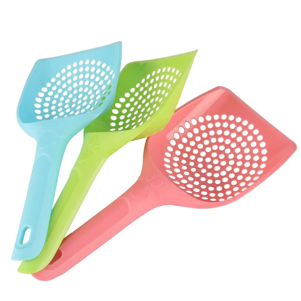 Set of perforated plastic cat litter shovels in blue, lime green, and pink
