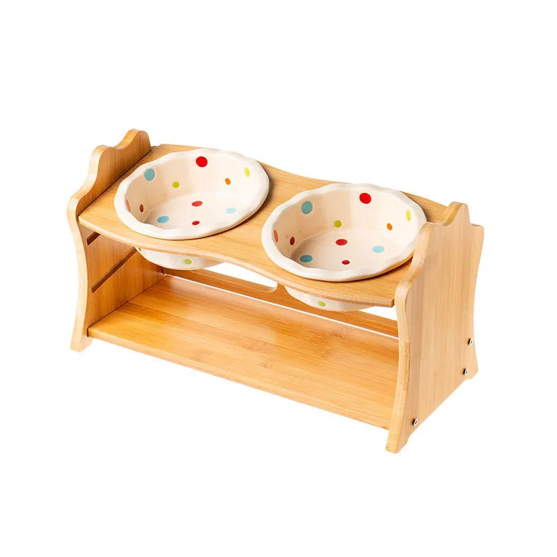 Raised Ceramic Double Bowl Wooden Stand for Cats and Dogs