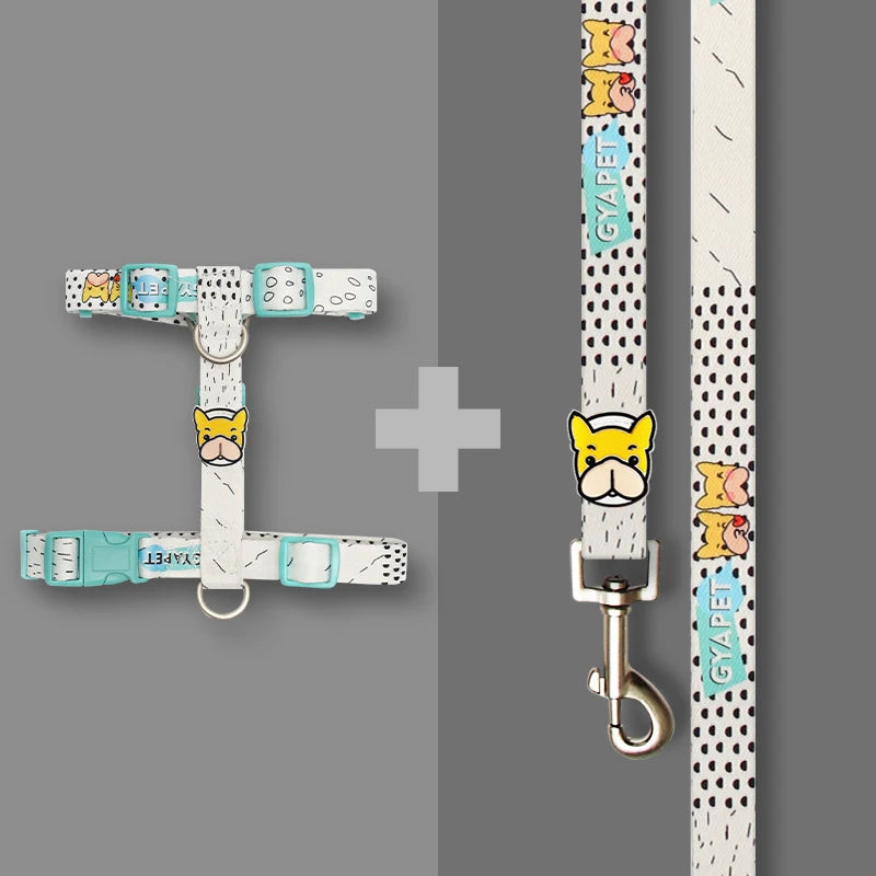Dog harness and leash set with white dotted pattern, light blue accents, and metal hooks.