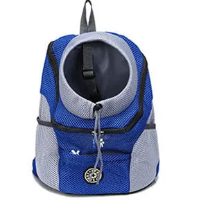 Blue and gray mesh pet backpack carrier with front viewing tunnel and front zipper