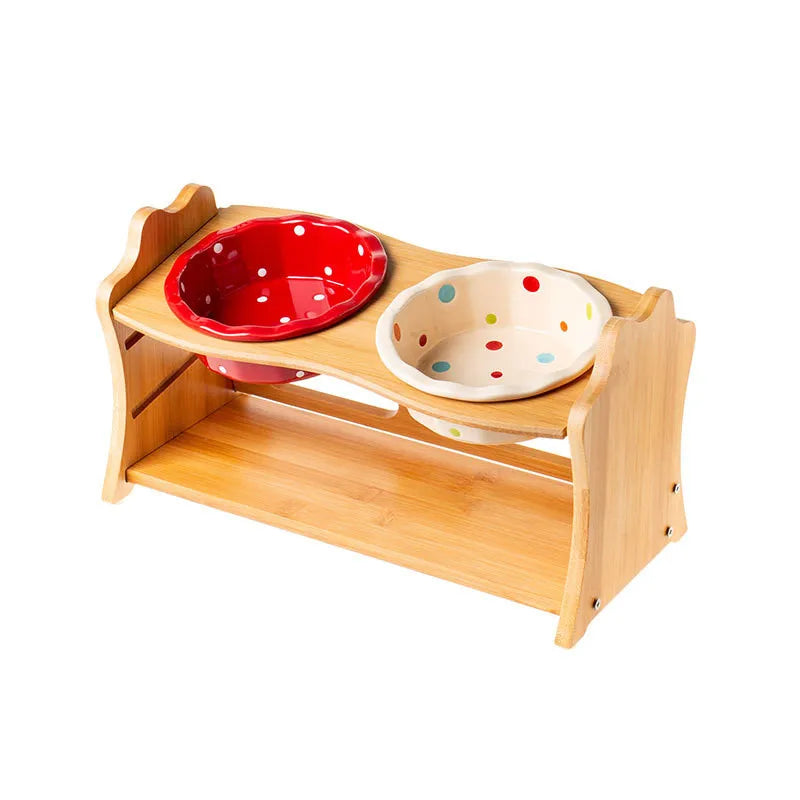 Raised Ceramic Double Bowl Wooden Stand for Cats and Dogs