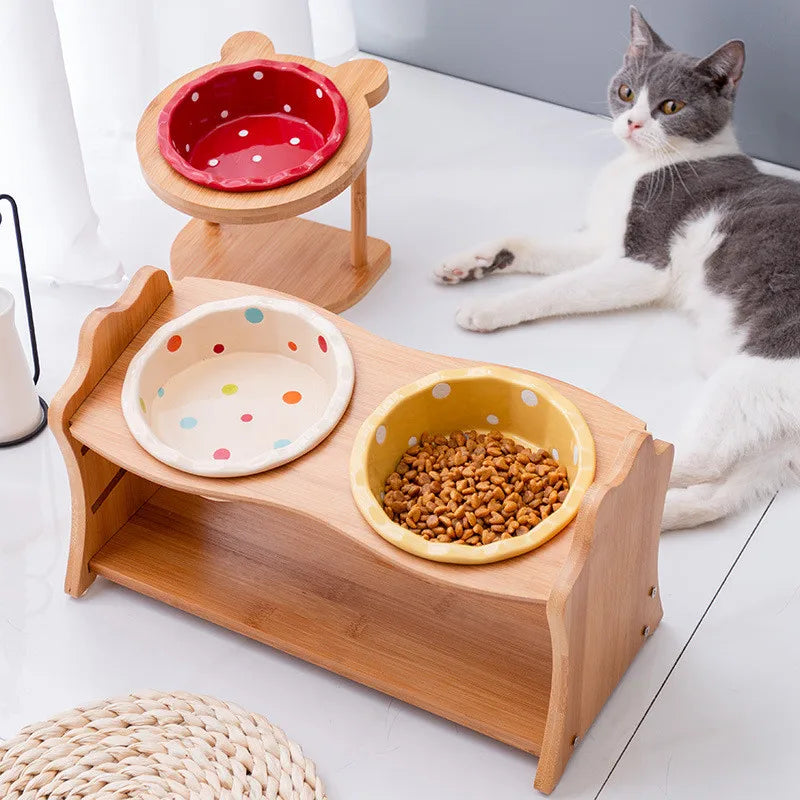 Raised Ceramic Double Bowl Wooden Stand for Cats and Dogs
