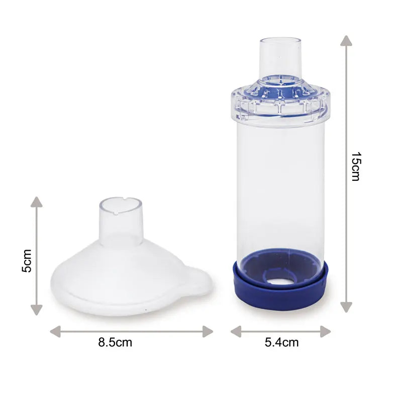 Clear pet aerosol chamber inhaler spacer with blue base and white mask piece, with dimensions
