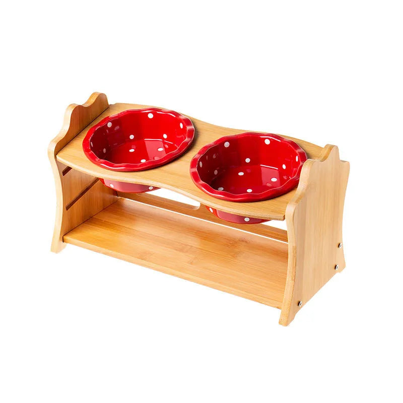 Raised Ceramic Double Bowl Wooden Stand for Cats and Dogs