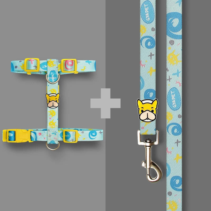 Striped dog harness vest set with light blue strap, yellow buckles, metal leash clip