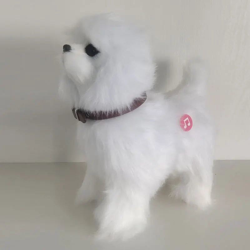 Interactive plush dog toy, white fur, black nose and ears, maroon collar