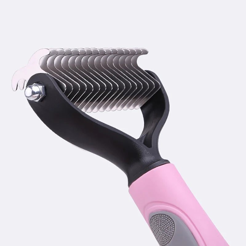 Double-sided dog brush grooming comb with black head and pink handle