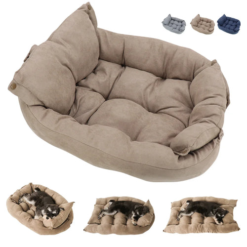 Taupe pet sofa bed nest with padded bolsters and button-up openings