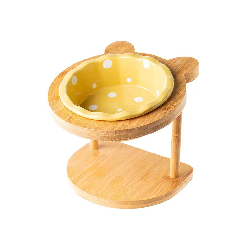 Raised Ceramic Double Bowl Wooden Stand for Cats and Dogs