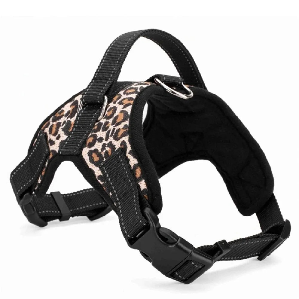 Padded reflective dog harness with leopard pattern panels and black straps