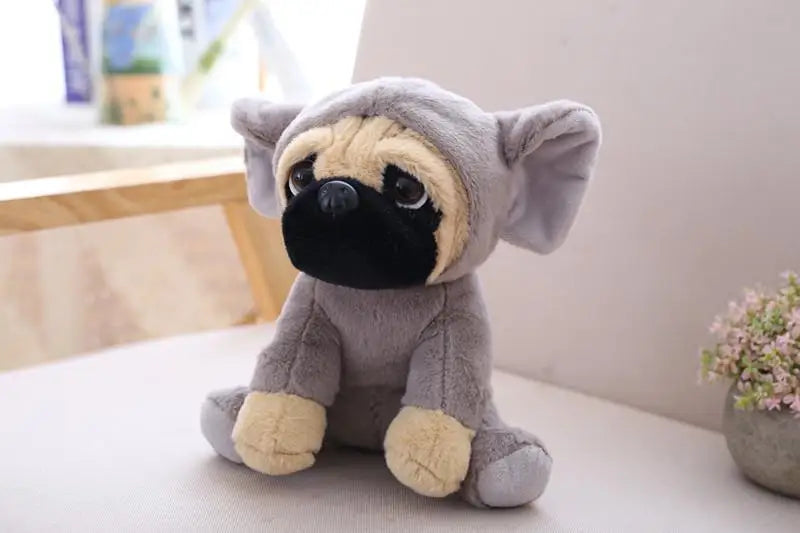 Lifelike Sharpei Pug plush toy, gray with tan paws and black snout, sitting