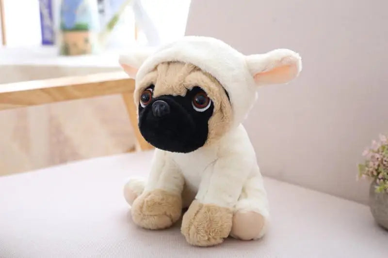 Lifelike plush toy with white hood and tall ears, beige muzzle and paws, sitting