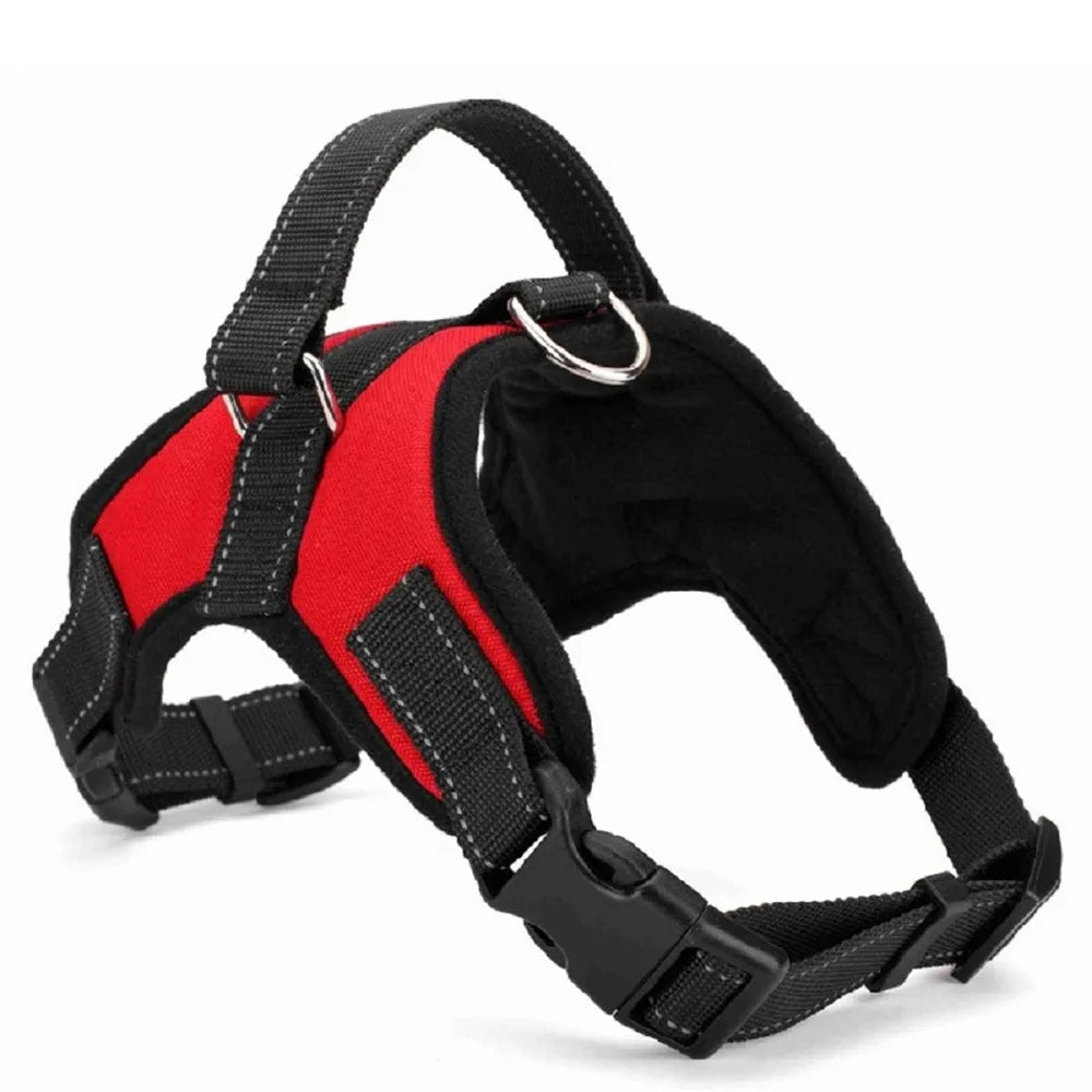 Padded reflective dog harness with red accents, black padding, and D-ring
