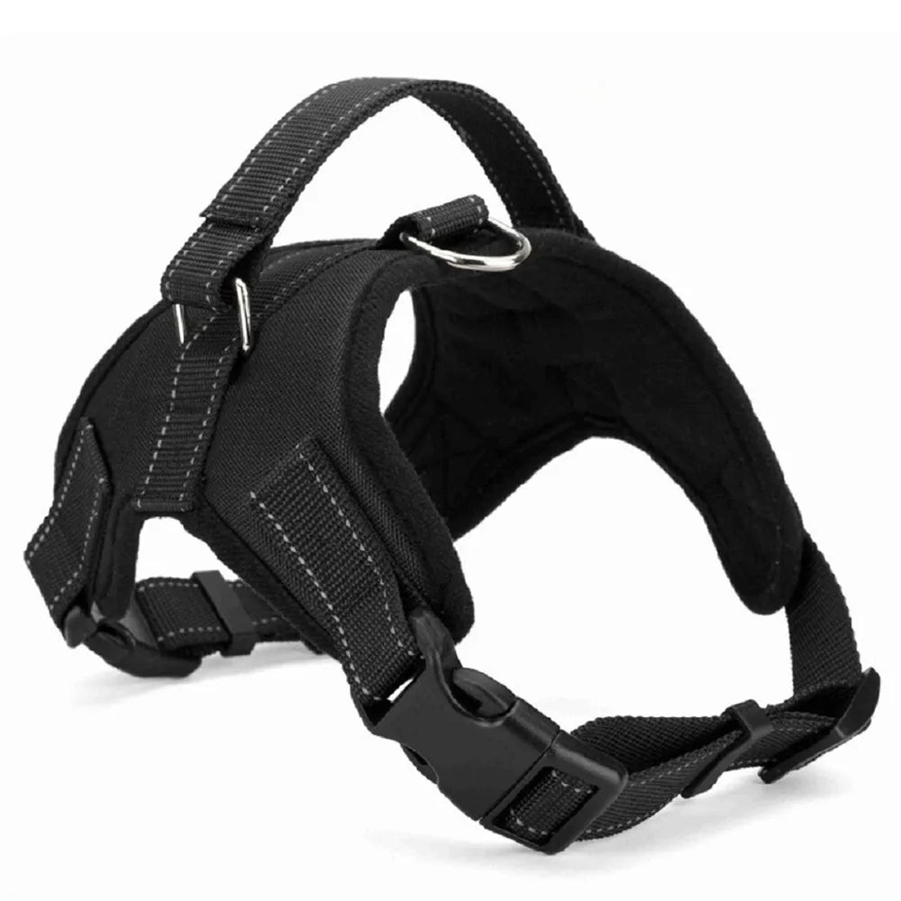 Black padded reflective dog harness with adjustable straps and D-ring