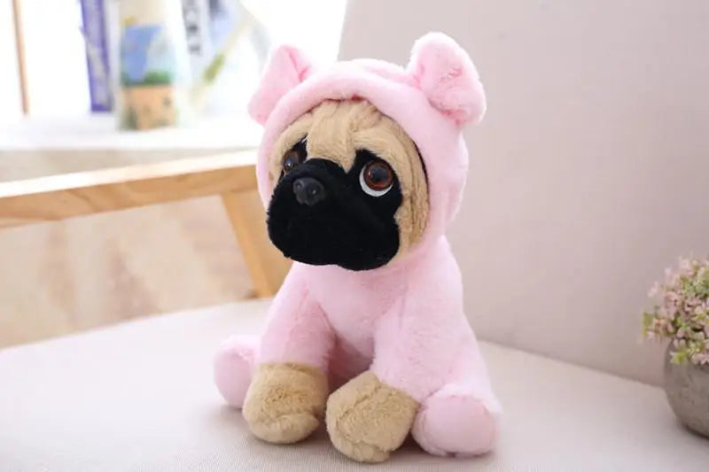 Lifelike Sharpei Pug plush toy, pink with hood-like tan face and black snout